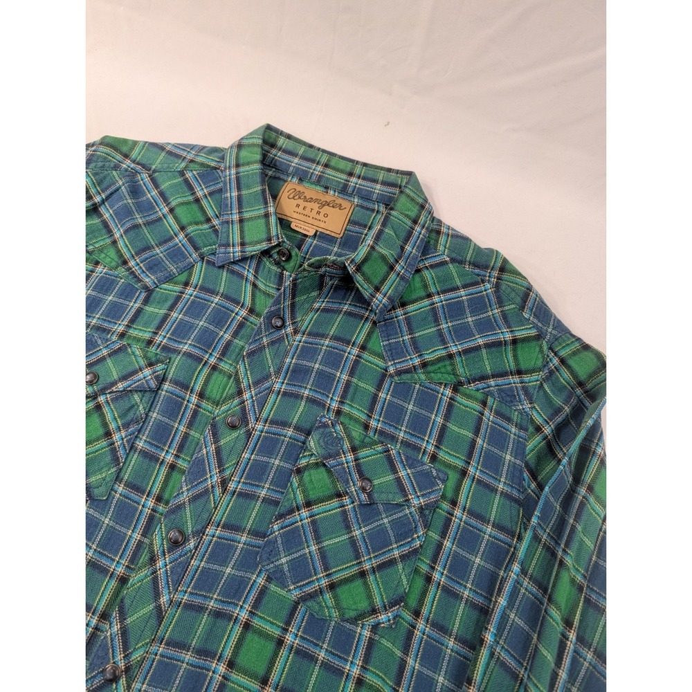 Wrangler Retro Mens XL‎ Blue Green Flannel Western Pearl Snap Long Sleeve